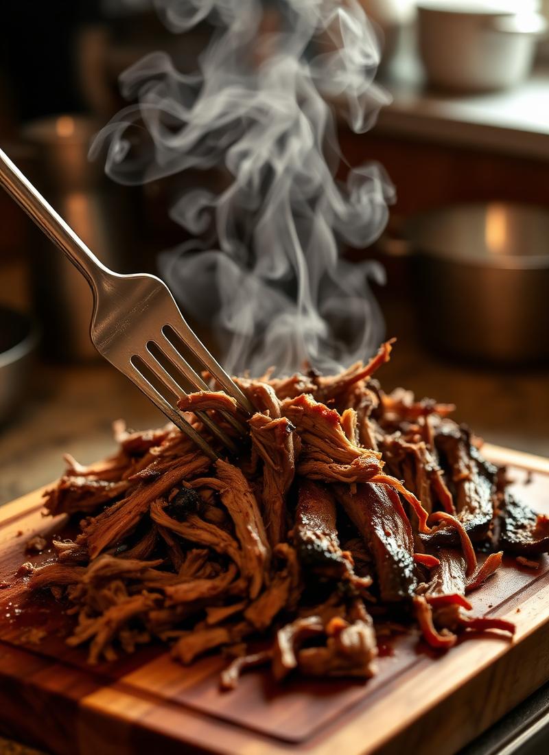 Slow-cooked brisket being shredded